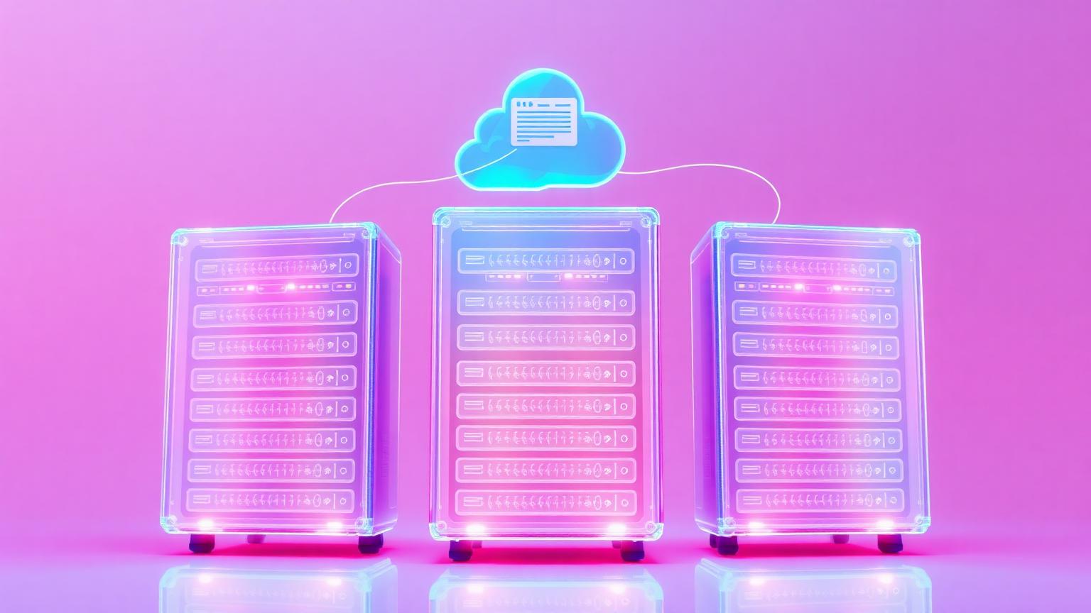 Three glowing hosting infrastructure cards: managed WordPress, cloud VPS and hosting