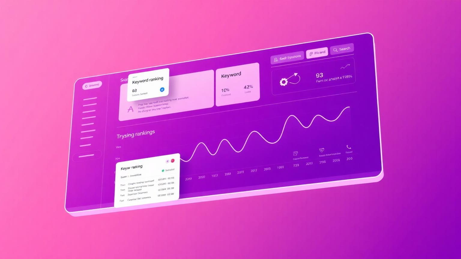 SEO dashboard with ranking cards, search snippet preview and analytics chart