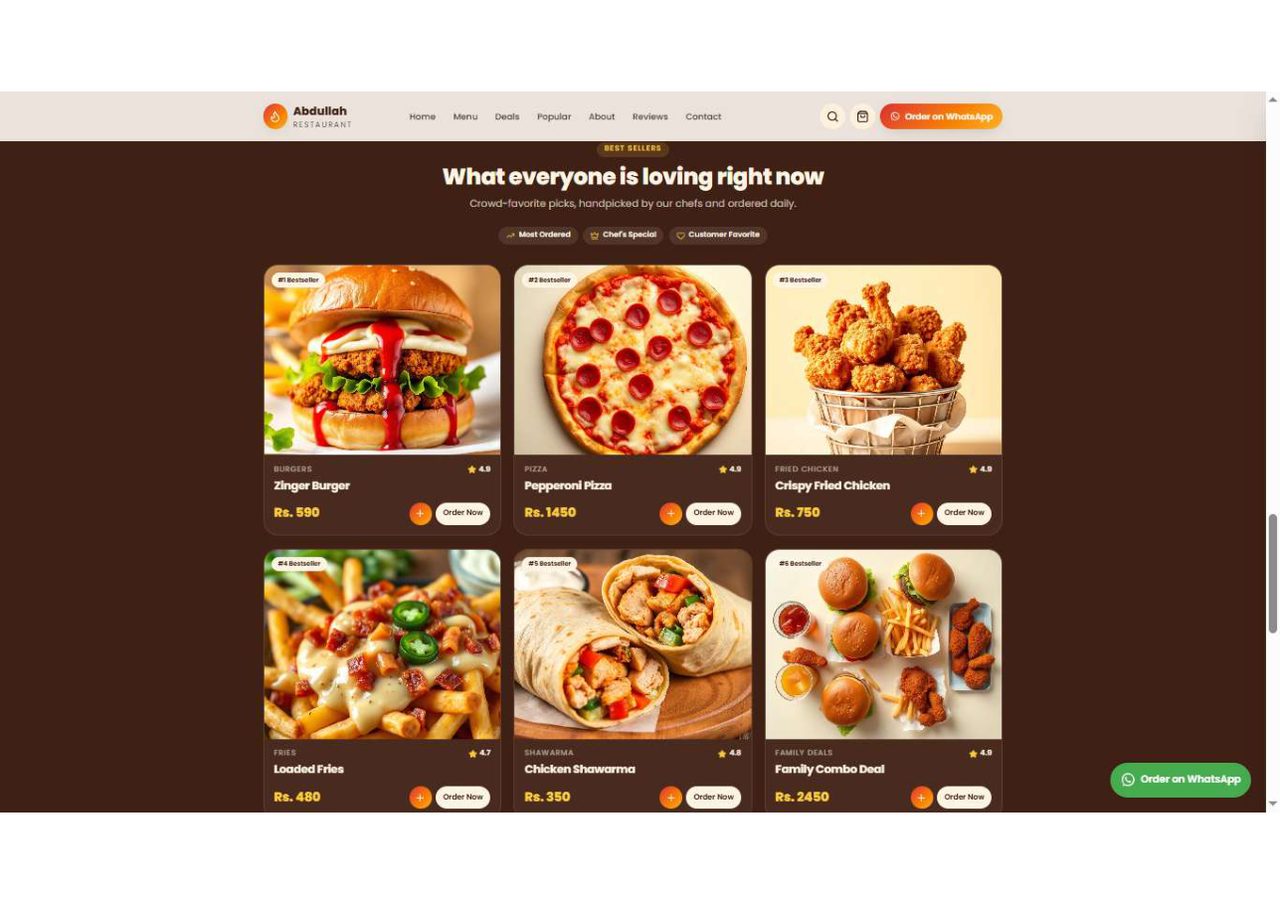 Dark themed bestsellers grid with most-loved menu items and ratings