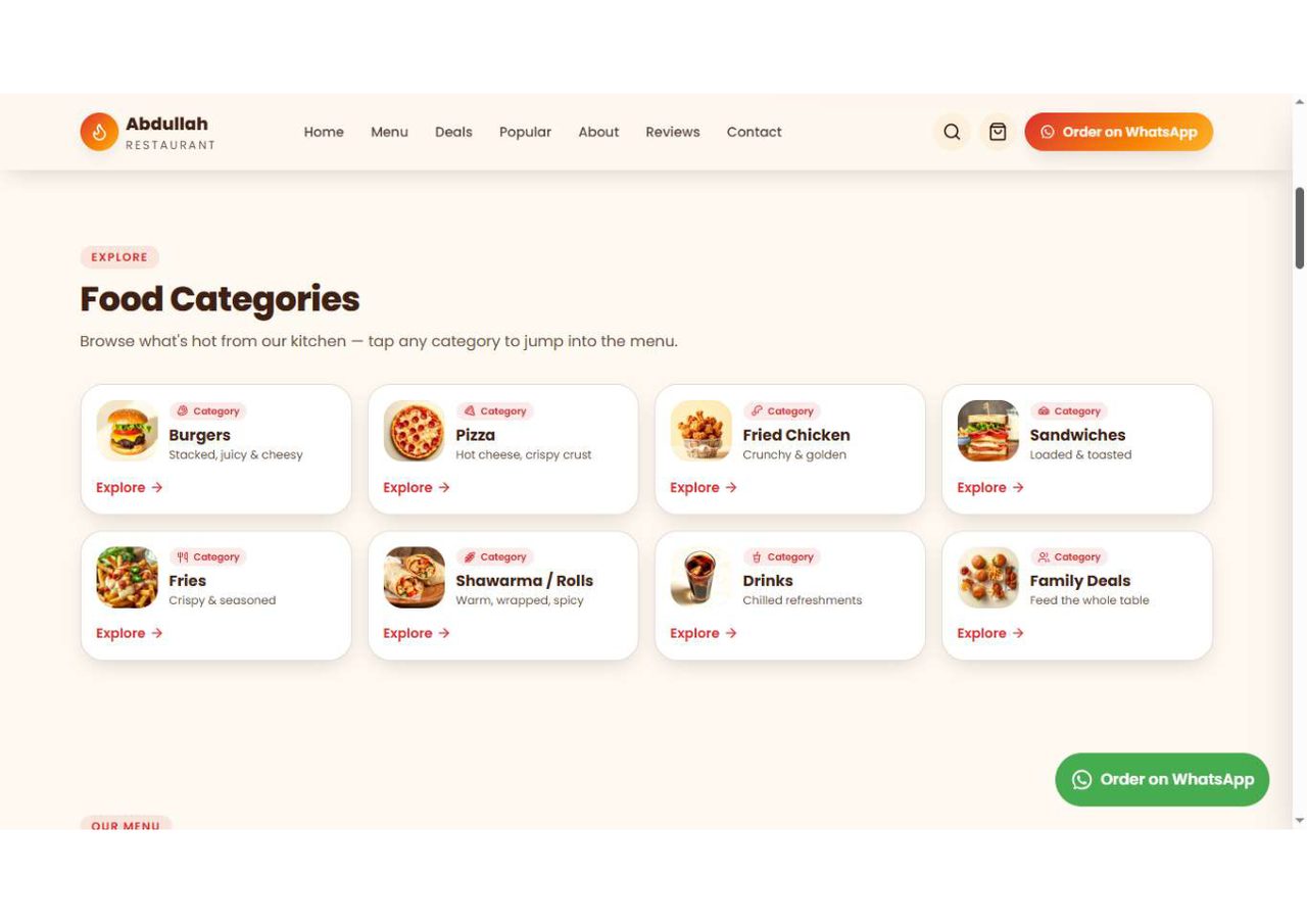 Food categories grid: burgers, pizza, fried chicken, sandwiches, fries, shawarma, drinks, family deals