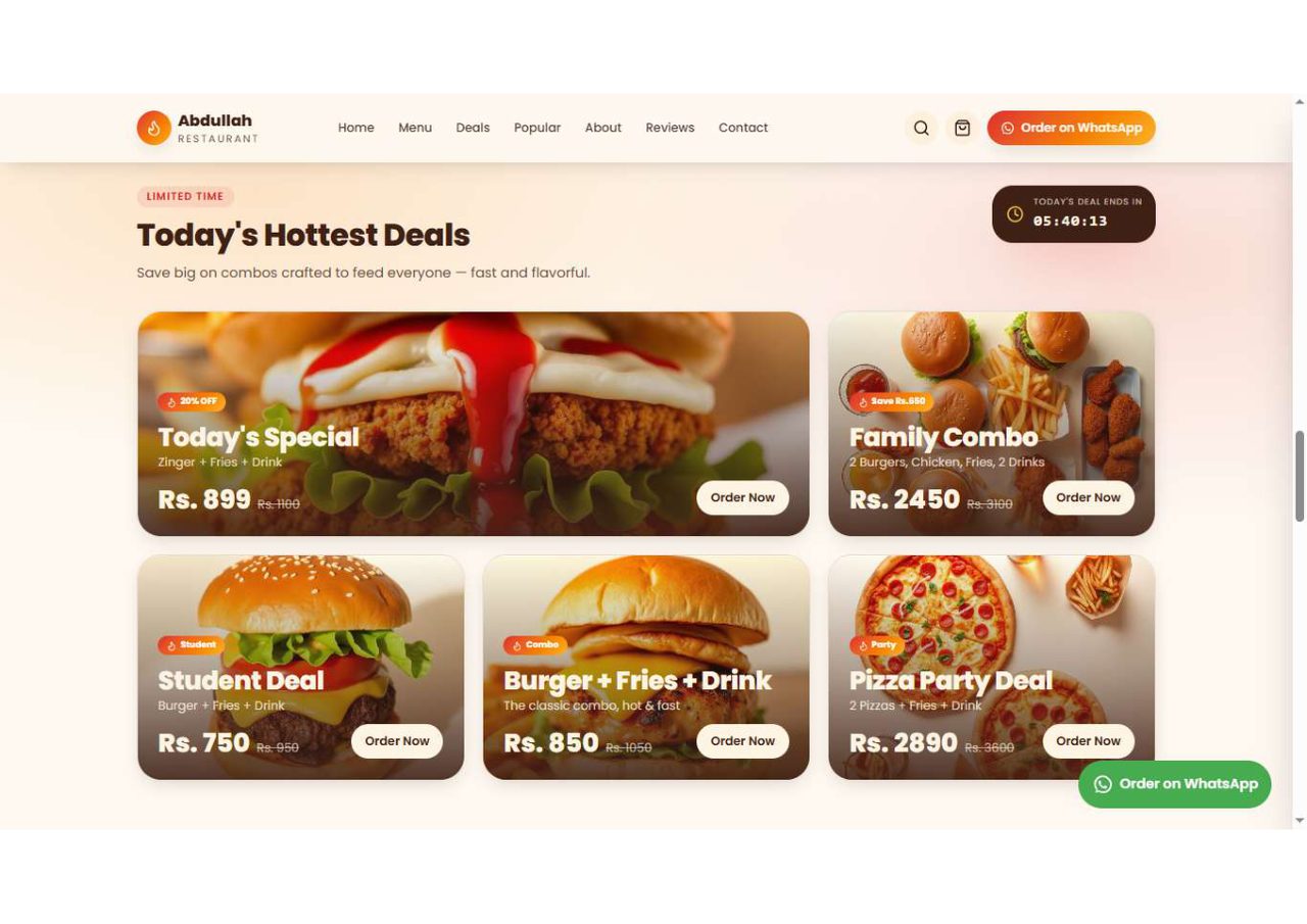 Limited time deals section with today's special, family combo and student deal