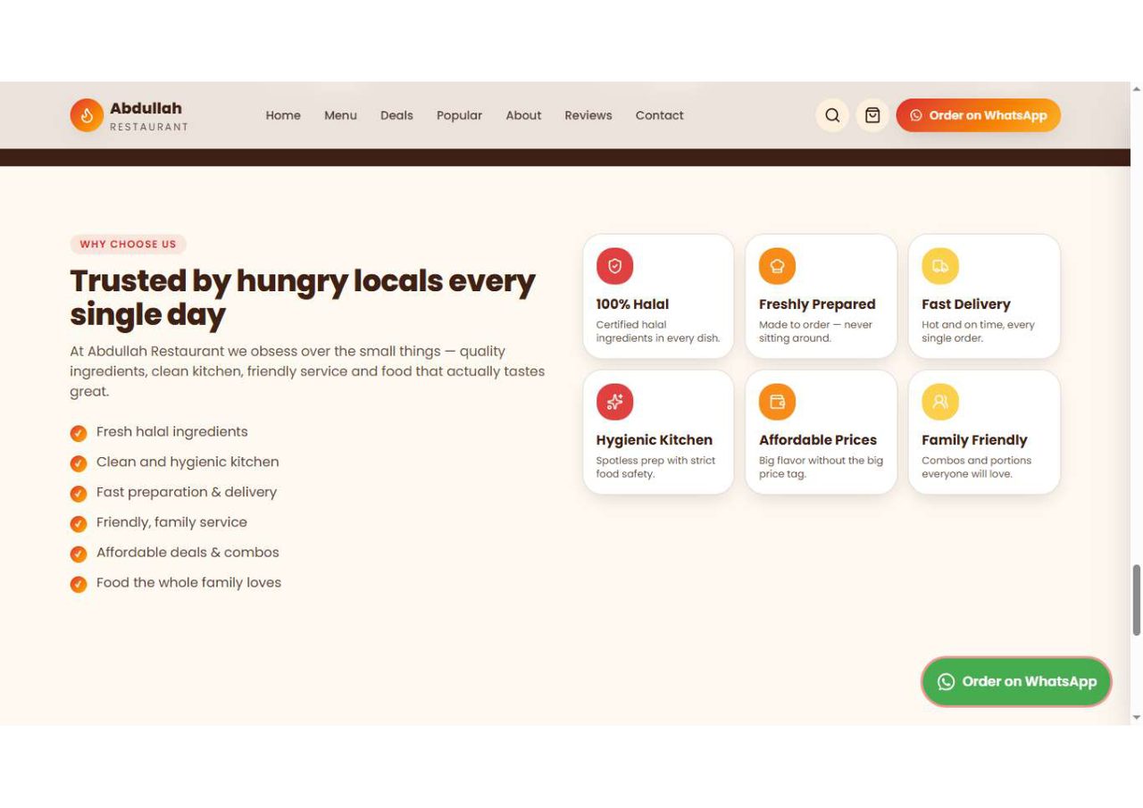 Why choose us — 100% halal, freshly prepared, fast delivery and hygienic kitchen feature cards
