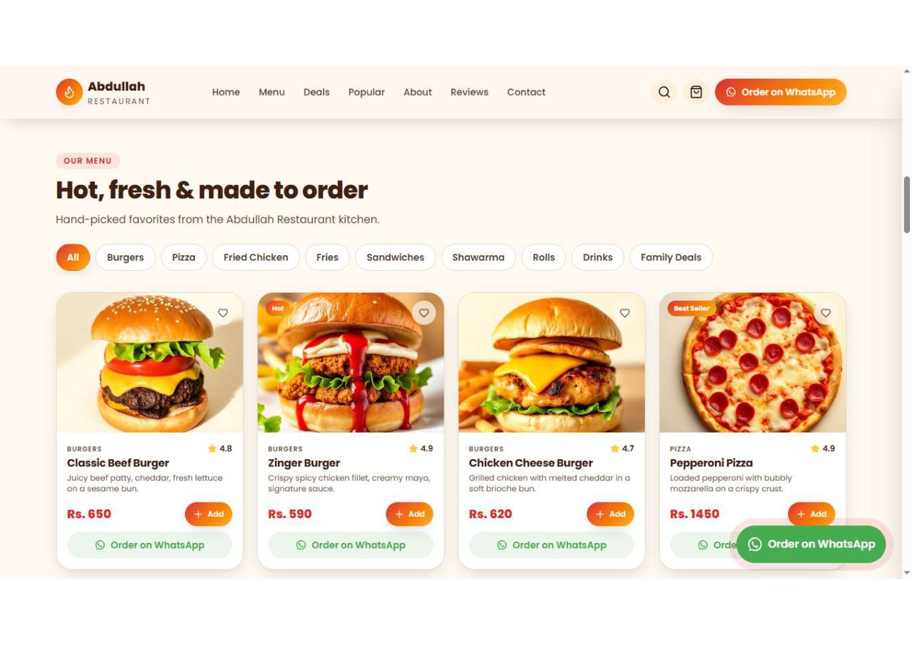 Menu listing with filter pills and 'Order on WhatsApp' buttons on each item
