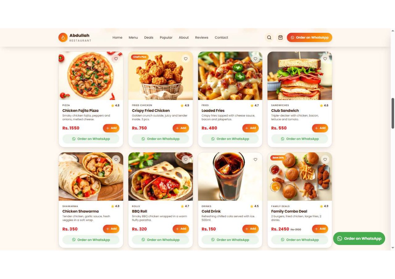 Second row of menu items including pizza, fried chicken, loaded fries and shawarma