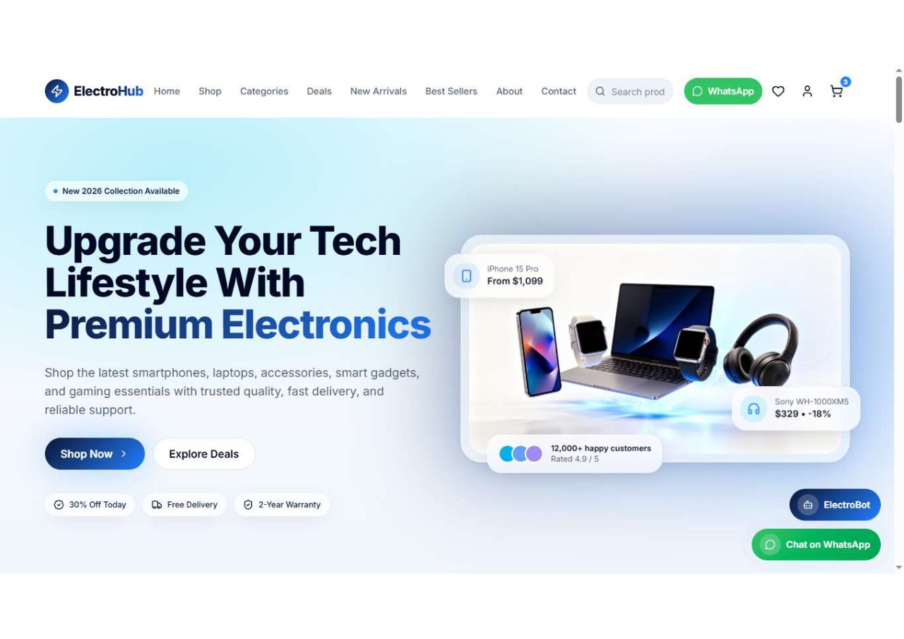 Customer reviews section with five-star testimonials and dark footer with quick links