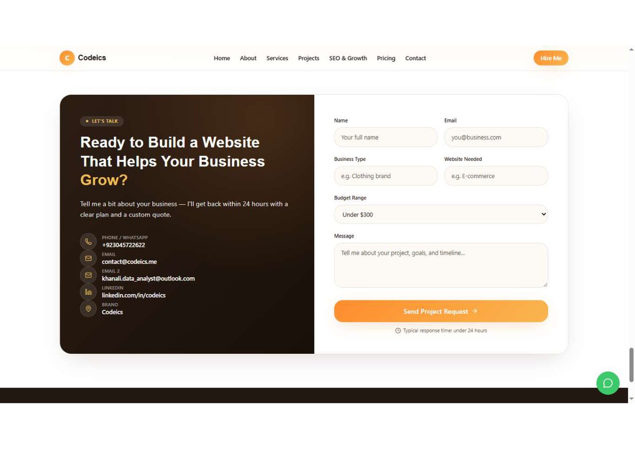 Codeics contact page with project request form and contact card with phone, email and LinkedIn