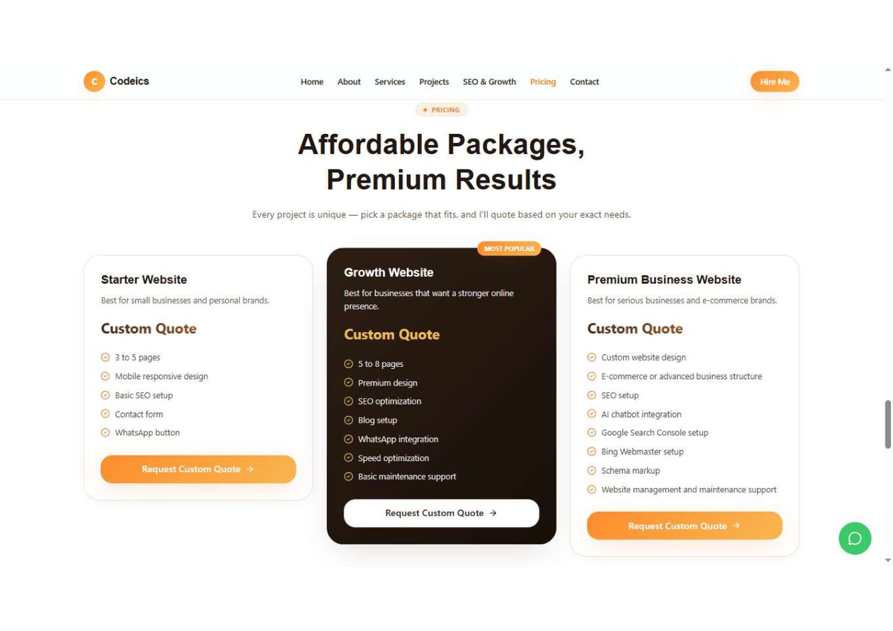 Codeics pricing section with Starter, Growth and Premium Business Website tiers