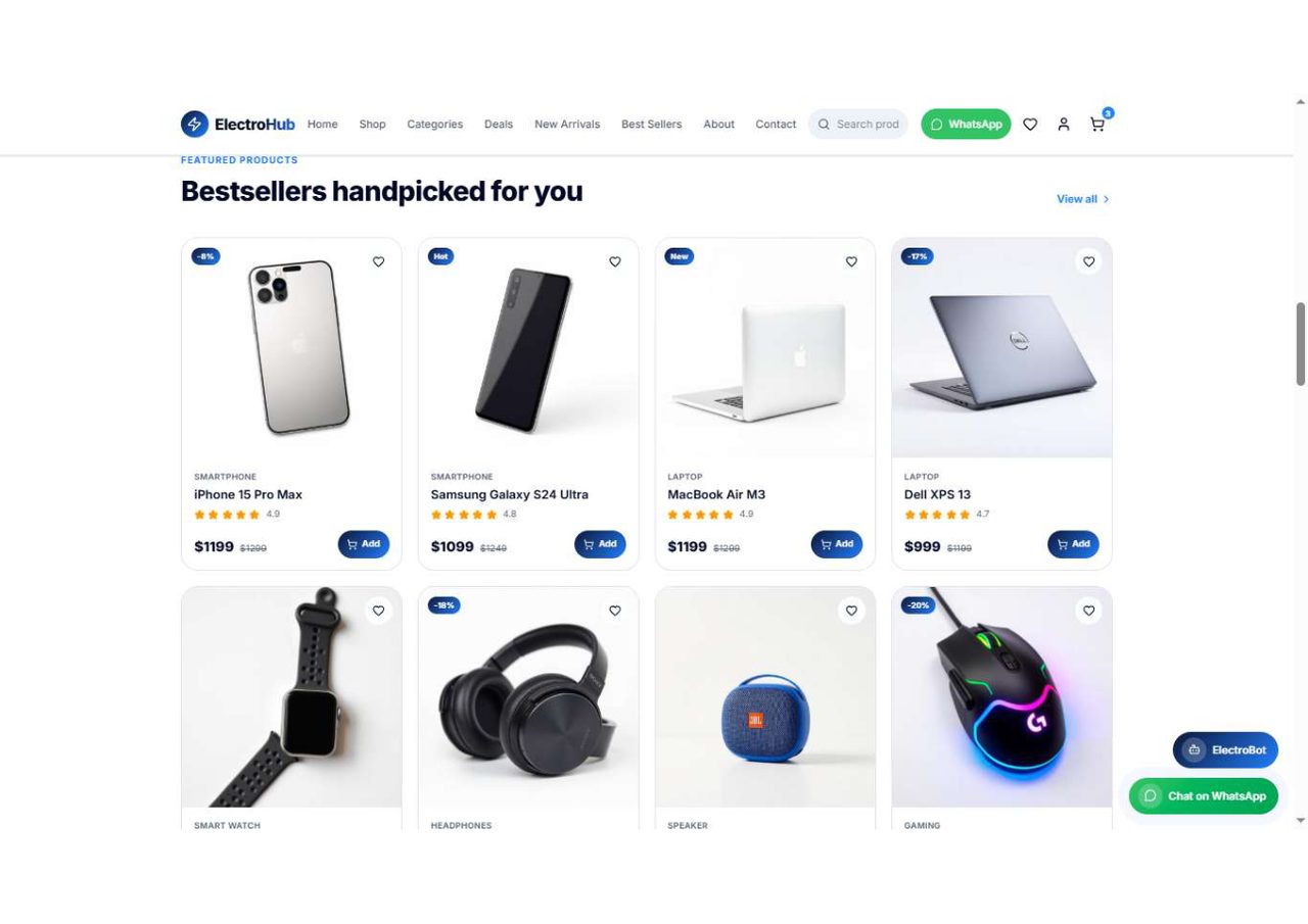 Shop by category grid with smartphones, laptops, smart watches, headphones and more